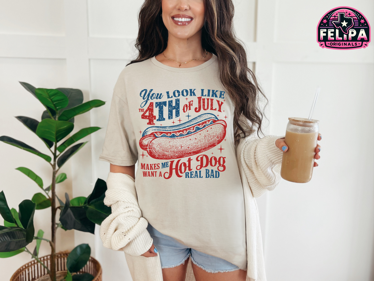 4th of July Hot Dog Graphic Tee - Fun Patriotic Shirt