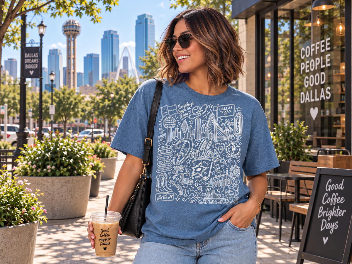 Dallas Texas Doodle T-Shirt | Oversized Dallas Graphic Tee | Texas City Shirt