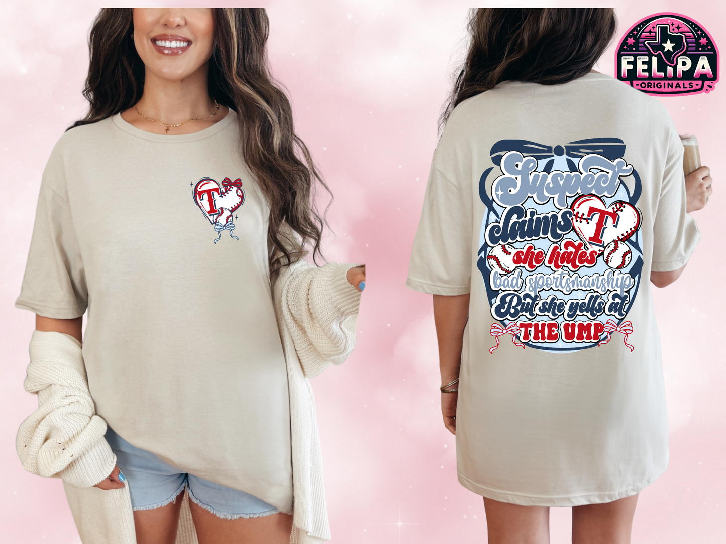 "Suspect Claims" Texas Baseball Coquette Tee – Sand Color