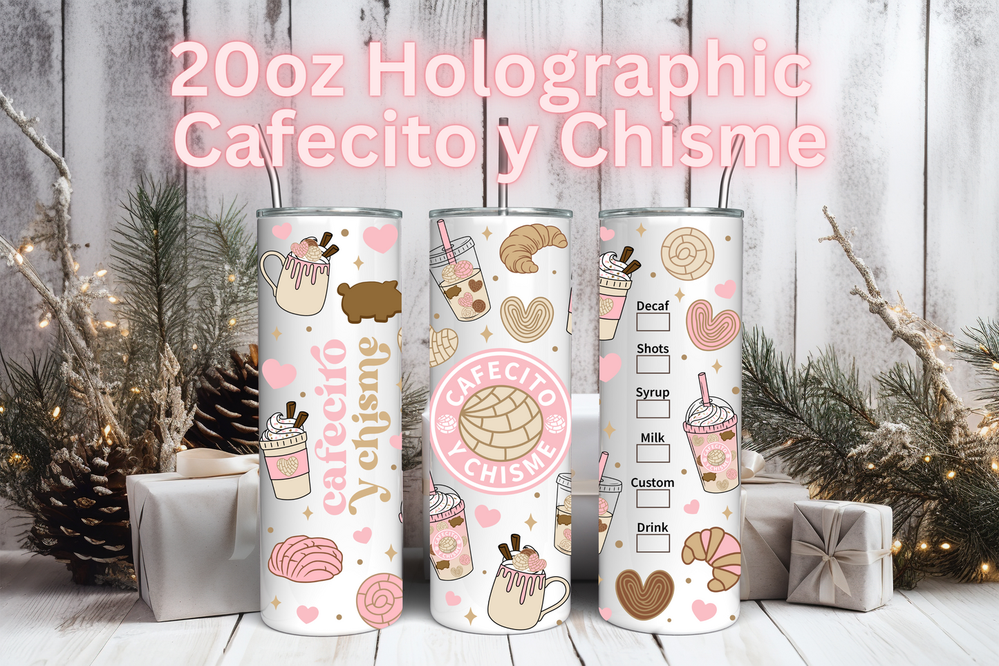 20oz Skinny Holographic Tumbler - "Cafecito Y Chisme" Rainbow Effect