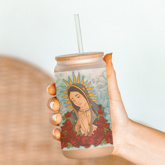 Nuestra Señora de Guadalupe Glass Cup 16oz Tumbler with Bamboo Lid & Straw - Día de la Virgen de Guadalupe 12 de Diciembre