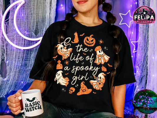The Life of a Spooky Girl Tee – Orange Halloween Ghosts on Black Gildan Shirt