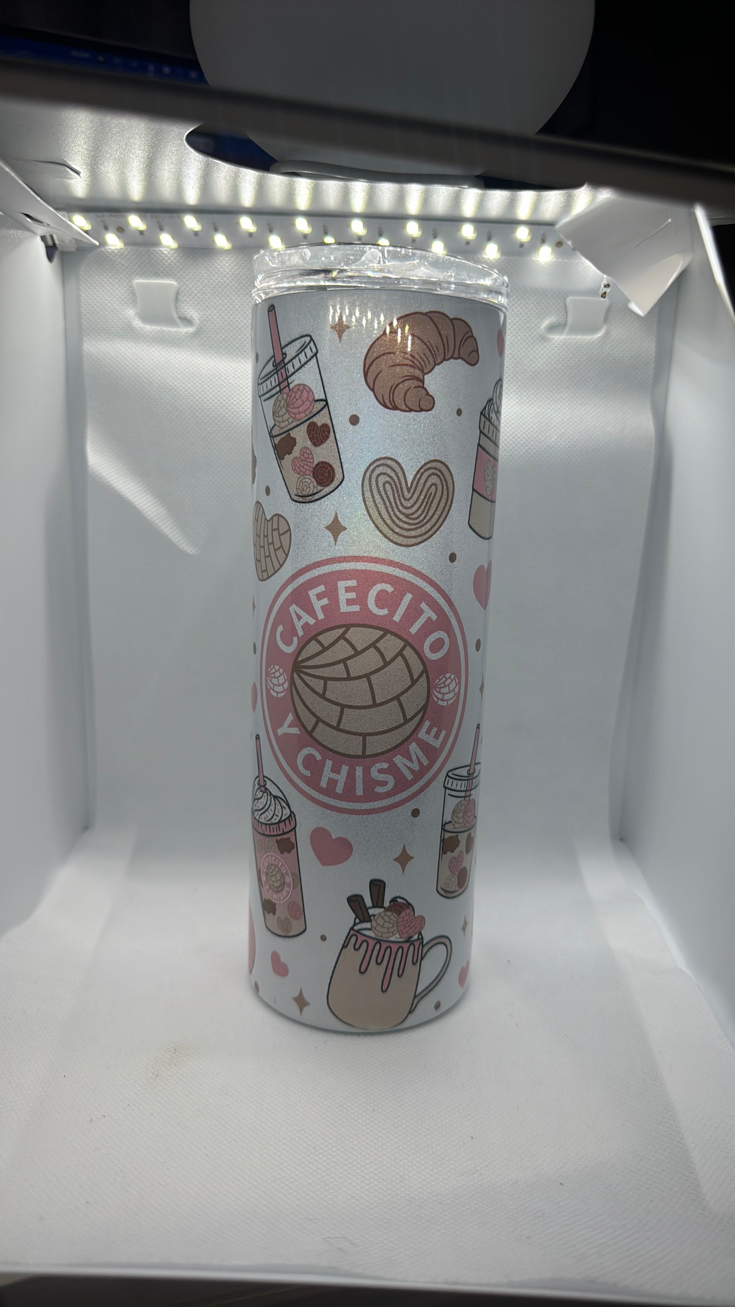 20oz Skinny Holographic Tumbler - "Cafecito Y Chisme" Rainbow Effect