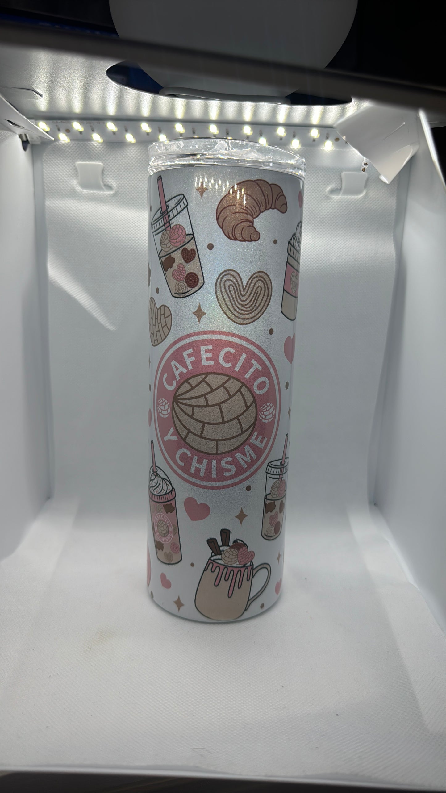 20oz Skinny Holographic Tumbler - "Cafecito Y Chisme" Rainbow Effect